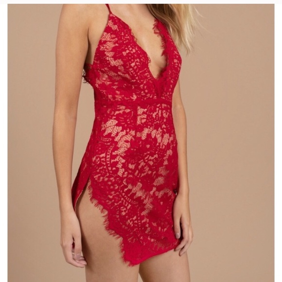 Tobi Dresses & Skirts - NWT Tobi Sexy Plunge Mini Red Lace Thigh Slit M